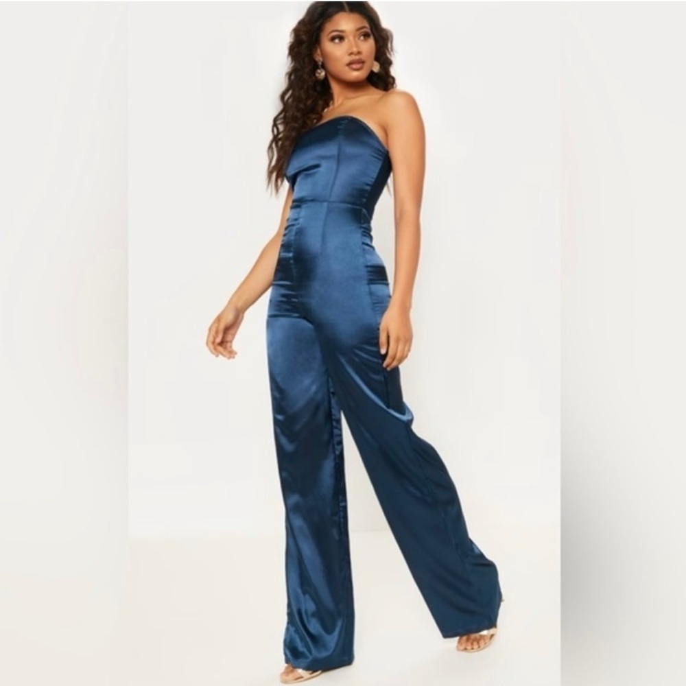 NWT PrettyLittleThing Tall Navy Satin Bandeau WideLeg Jumpsuit